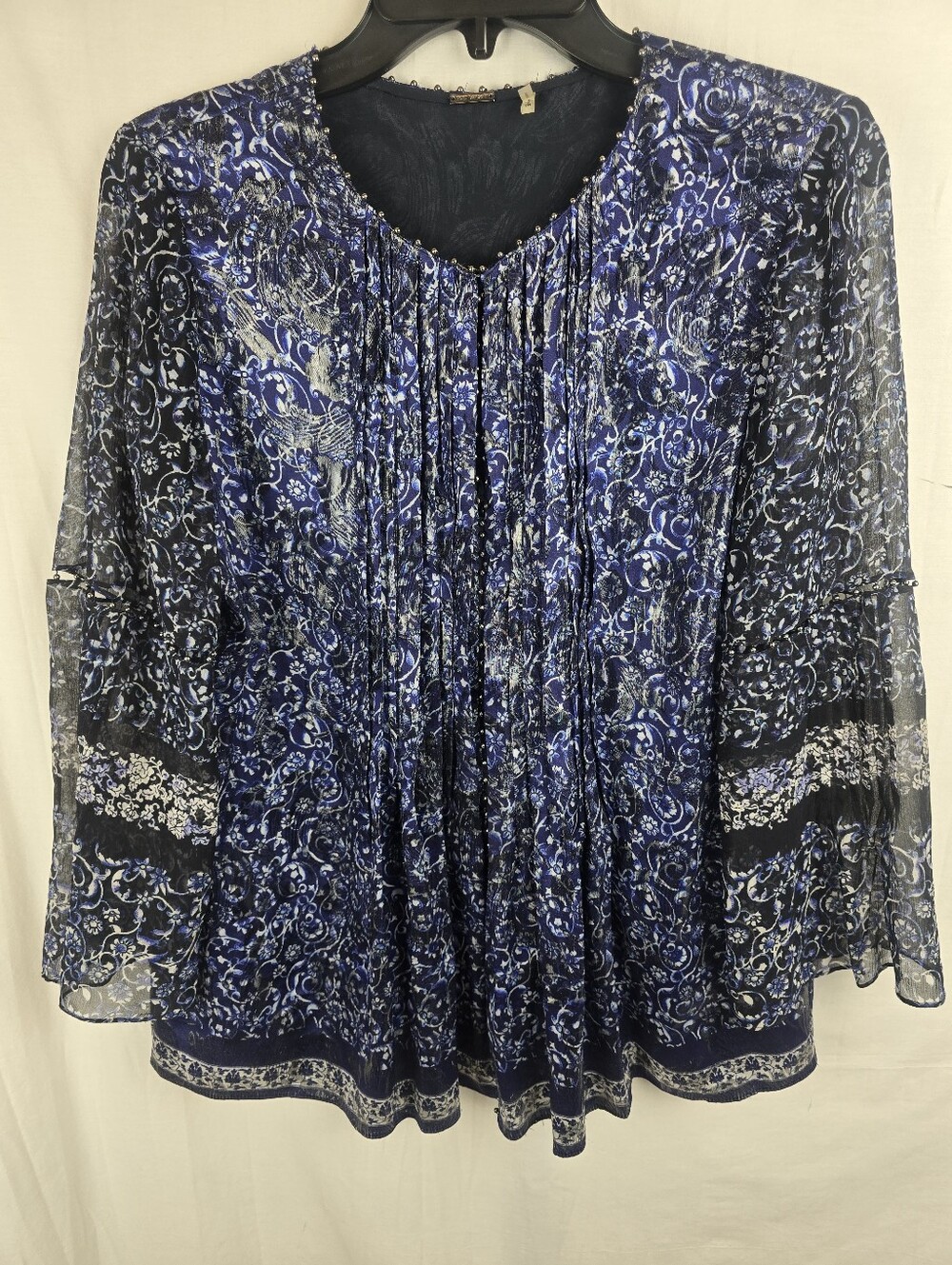 Elie Tahari Women's Blue Silver Floral Long Sleeve Pleated Blouse Sz S